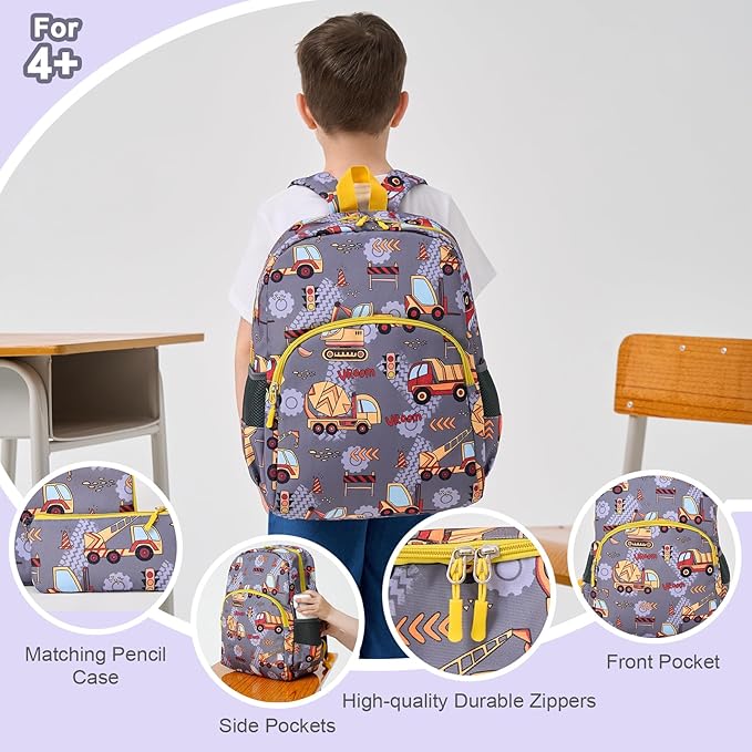 Cokouchyi 3 Pcs Kids Backpack Set with Lunch Box & Pencil Case, Lightweight Preschool Backpack for Boys Age 3-8, Kids Book bag Elementary, Truck Car