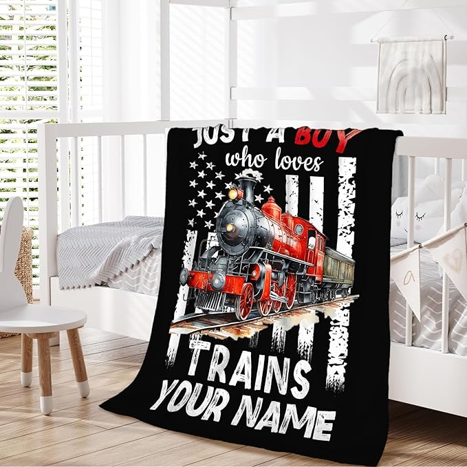 Personalized Train Blanket for Boys Men - Cute Throw Blanket Gifts for Kids Cars Lovers - Custom 60x80 Inches Black Soft Car Blankets for Sofa Couch - Trains Stuff Bedroom Decor
