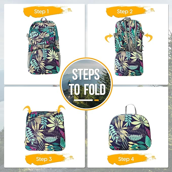 ZOMAKE Lightweight Packable Backpack 35L, Light Foldable Backpacks Water Resistant Collapsible Hiking Bag, Compact Folding Day Pack for Travel Camping(Mixed Color-Leaves)