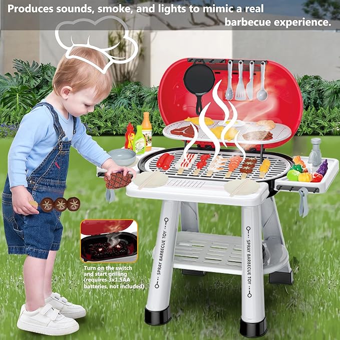 Kitchen Toy Set, Kids Grill Playset with Play Sink, Indoor Outdoor Interactive BBQ Grill Play with Smoke, Sound & Light, Pretend Cutting Food for Toddlers, Christmas Birthday Gift for Boys and Girls