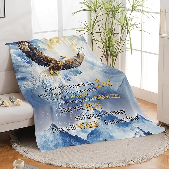 Bald Eagle Blanket Christian Faith Religious Bible Verse Inspirational Scripture Throw Catholic Spiritual Gifts for Adults Women Men Kids Girls Boys Plush Fuzzy Fleece Blanket Decor 40''X50''