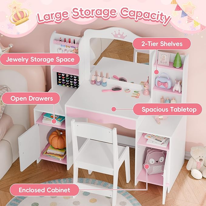 MU Kids Vanity, Girl Vanity Set with Mirror and Stool, 2 in 1 Toddler Makeup Vanity Table with Jewelry Storage, Wooden Princess Makeup Desk Dressing Table for Little Girls, (White)