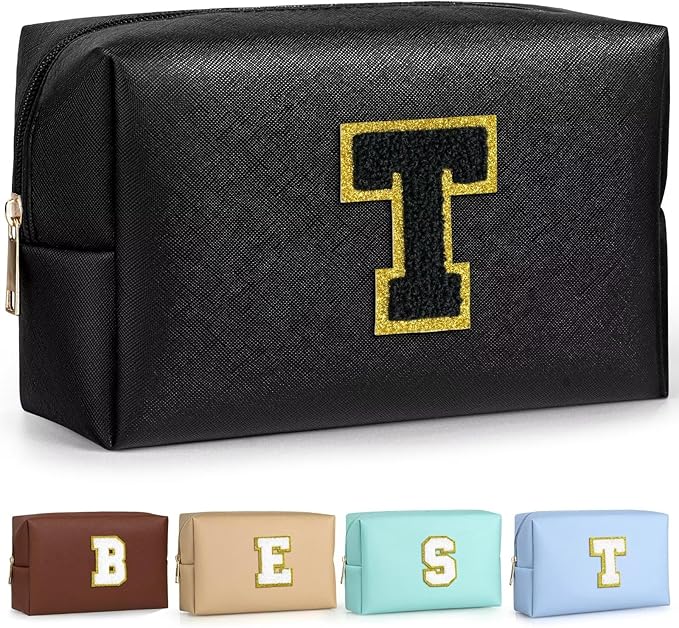 TOPEAST Preppy Stuff for Girls, Initial Makeup Bag Chenille Letter Pouch Cosmetic Bag with Zipper, PU Leather Waterproof Toiletry Bag, Cute Stuff Birthday Gift for Friends Sister (Black T)