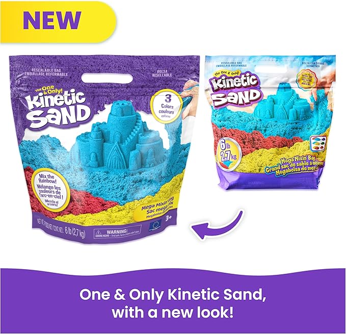 Kinetic Sand, 6lbs Mega Mixin’ Bag with Red, Yellow & Blue Play Sand, Amazon Exclusive (Packaging May Vary), Sensory Toys, Holiday Gifts & Stocking Stuffers for Kids Ages 3 and up