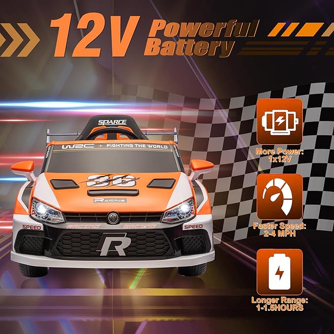 Kids Ride on Car with Parent Remote Control,12V Battery Powered Electric Vehicles for Kids Ages 3-8,Powerful Motor 3-Speed Sports Car Ride-on Toys w/Music,LED Lights,Suspension System (Orange)