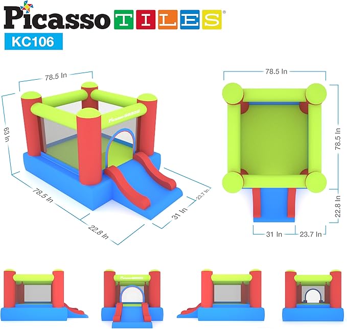 PicassoTiles KC106 8x7 Foot Junior Inflatable Bouncer, Kid Park, Jumping Bouncing House, Jump Slide Playhouse w/ 50 Pit Balls, 3 Sides Mesh Protection, and Heavy-Duty GFCI ETL Certified 385W Blower