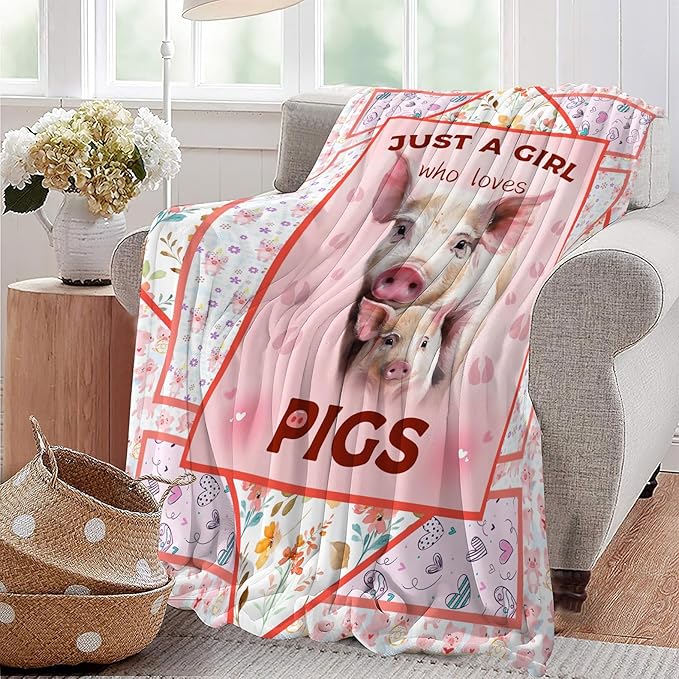 Cute Pig Blanket Just A Girl Who Loves Pigs Throw Blanket Ultra Soft Cozy Fleece Flower Animal Gift Fuzzy Plush Bedding Blankets for Kids Teens Adults Girls Boys Women Men 80"x60"