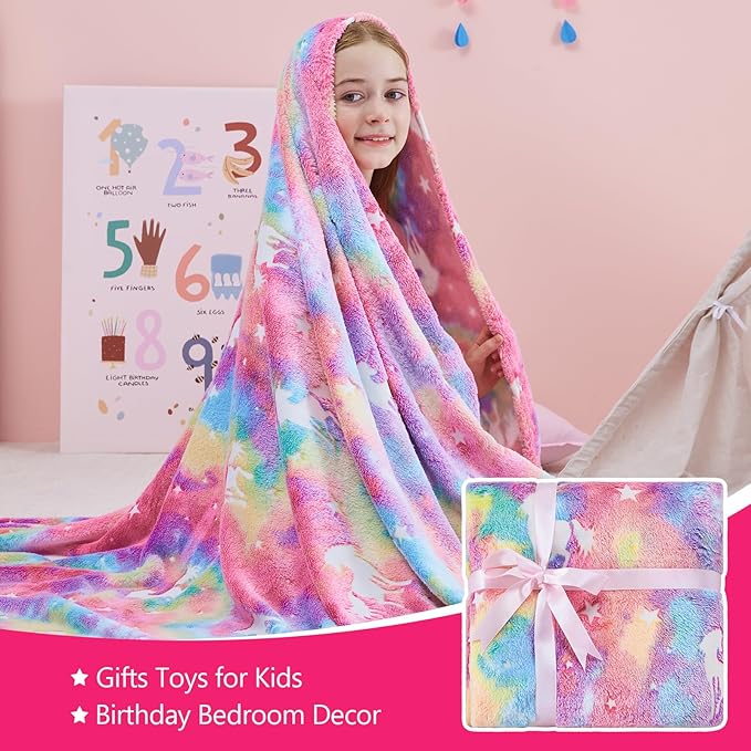 QSTEHEML Unicorn Glow in The Dark Blanket,Unicorn Gifts Toys for Kids Girl Age 3-12 Years Old,Birthday Gifts for Toddler, Teen,Christmas Birthday Bedroom Decor 50"×60"