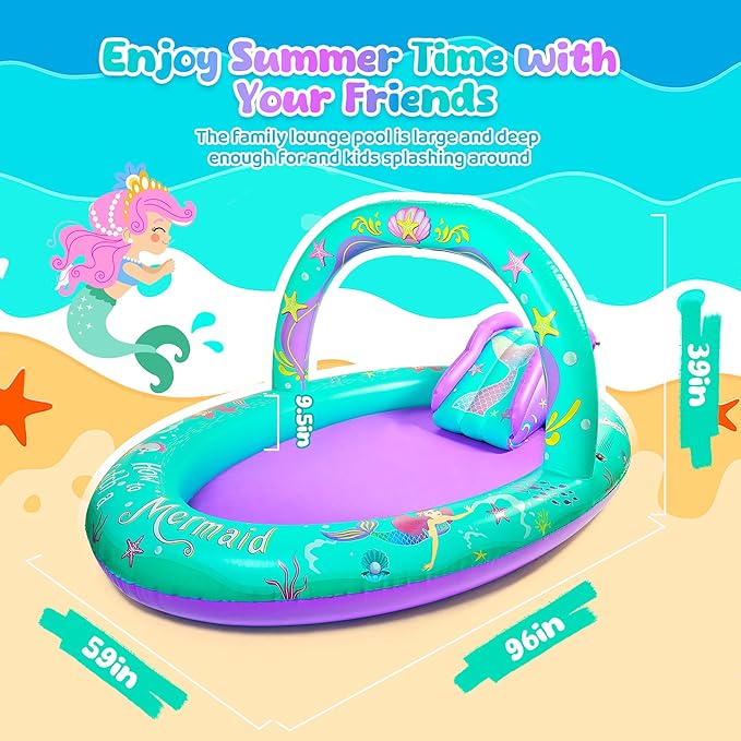 SULIFEEL Mermaid Inflatable Play Center Kiddie Pool with Slide and Sprinkler for Children, 96''x59''x39'' Baby Pool for Backyard and Garden, Free Inflatable Pump