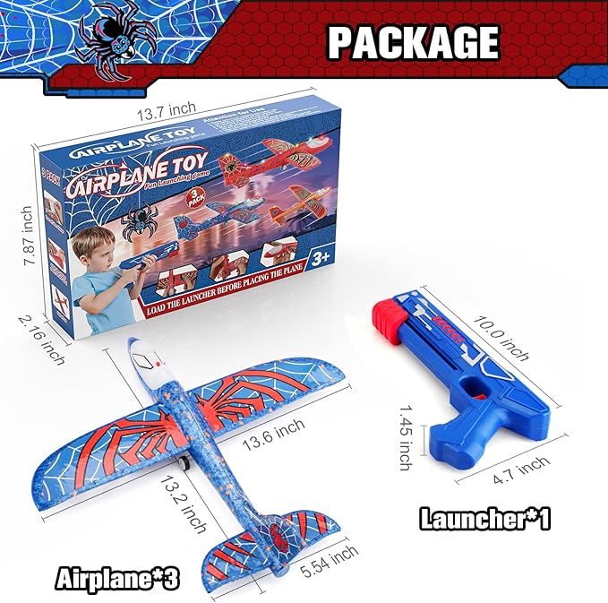 Fuwidvia 3 Pack Airplane Launcher Toys, 13.2'' Spider LED Foam Glider Catapult Plane Toy for Boys, 2 Flight Modes Outdoor Flying Toys Birthday Gifts for Boys Girls 4 5 6 7 8 9 10 11 12 Year Old