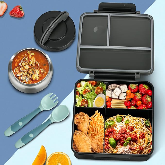 Itslife Bento Lunch Box for Kids with 8oz Soup Thermo&Lunch Bag, Leak-Proof Lunch Food Containers with 4 Compartment, Hot Food Insulated Food Jar for Kids School (Black)