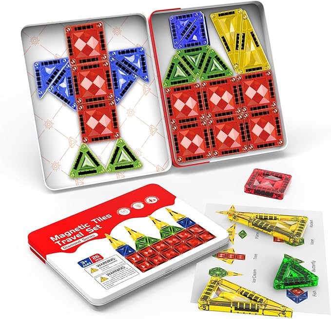 Mini Magnetic Tiles for Kids Ages 3-8, Travel Magnetic Building Blocks with Metal Storage Box, STEM Educational Toys, Montessori Sensory Learning Toys for Toddlers, Boys & Girls Gift for Christmas