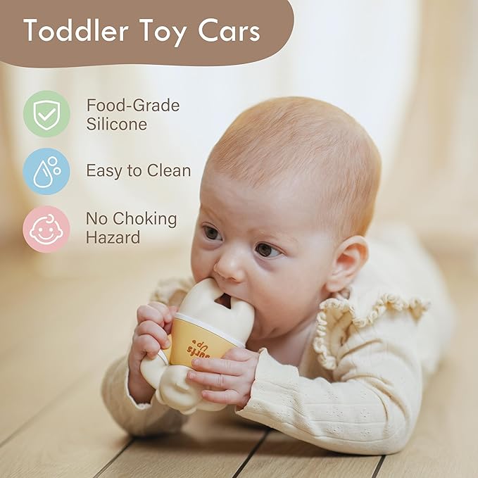 Moonkie Food Grade Silicone Toy Cars for Toddlers 1-3, Push and Go Baby Car Toys 6-12 Months+, One-Piece Design Infant Toys, Birthday Gifts for 1 Year Old Boy Girl, Easy to Clean & Grasp, 5 Pack