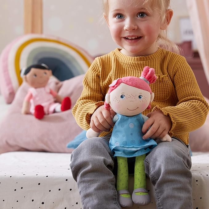 HABA Snug Up Philine - 10" Soft Doll with Embroidered Face, Pink Pigtail and Removable Blue Dress - Machine Washable - Perfect First Doll and Stuffed Cuddle Companion for 18 Months and Up