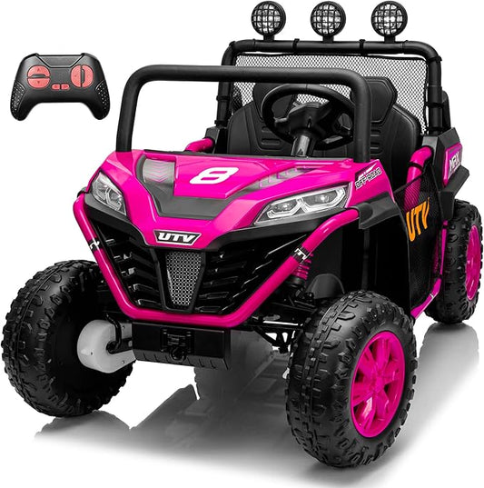 24V 2 Seater Ride on UTV Car, 4WD Ride on Toys for Kids with Remote Control, Shock Absorbers, LED Lights, Music, Off-Road Electric Car for Kids Boys Girls (Pink)