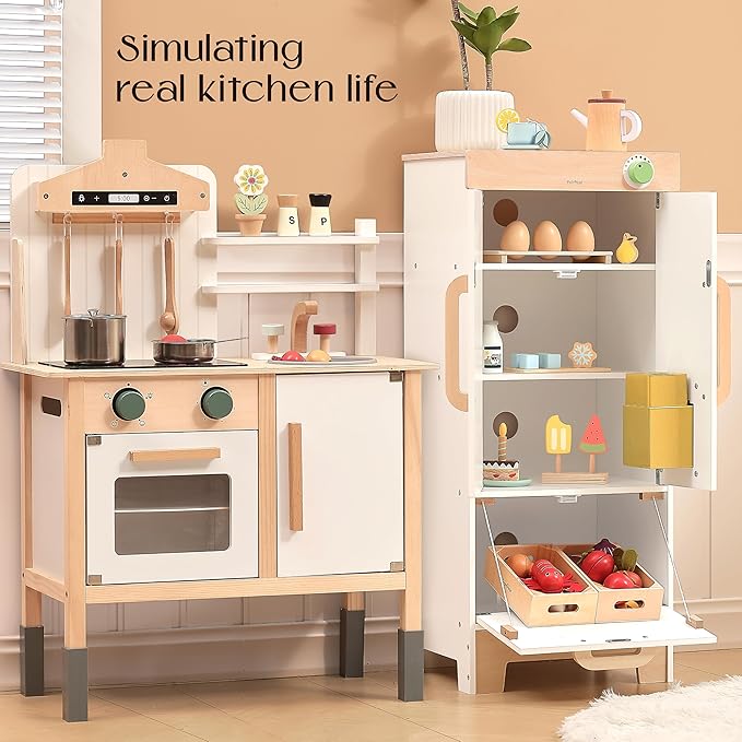PairPear Wooden Toy Fridge for Kids Kitchen, Toddler Pretend Play Refrigerator with Real Ice‑Drop, Magnetic Stickers, Kids Toy Food Play Kitchen Accessory Gift for Boys & Girls Age 3+