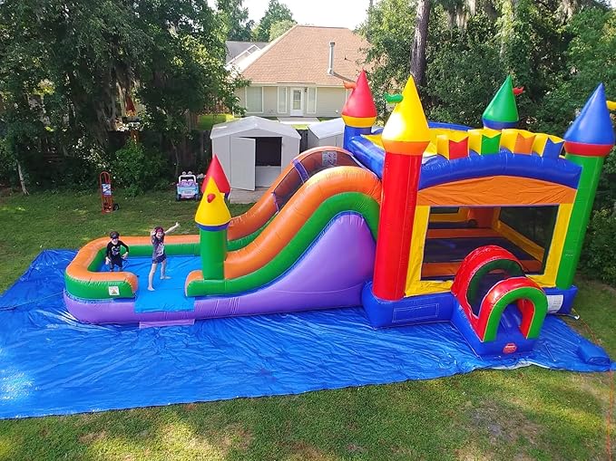 TentandTable Inflatable Bounce House Water Slide for Kids 5-12 Large, Commercial Grade Mega Bouncy Castle for Adults, Jump House, Includes Electric Air Blower, 32' L x 16' W x 15' H, Rainbow