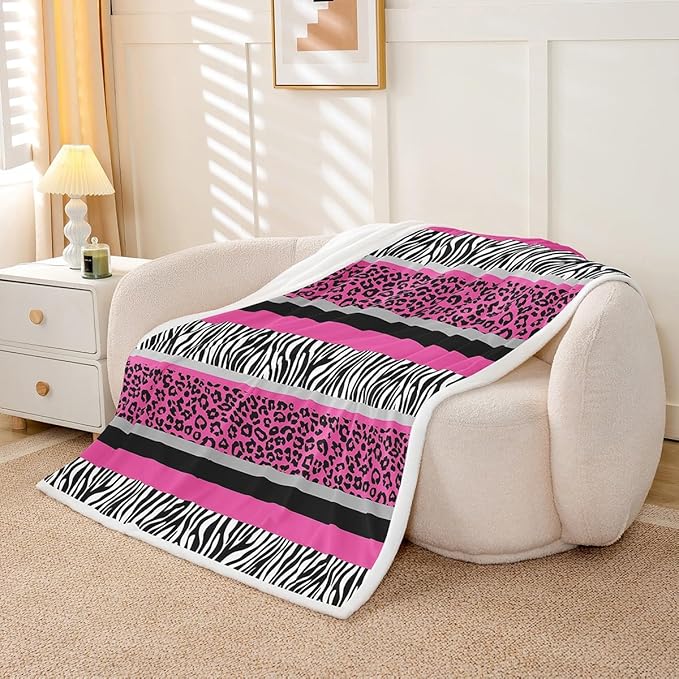Zebra Stripes Sherpa Blanket Leopard Print Throw Blanket Kids Girls Pink Black White Zebra Leopard Fur Plush Blanket Ultra Soft Decor Wild Animal Skin Fuzzy Blanket for Sofa Bed Couch,Baby 30x40 Inch