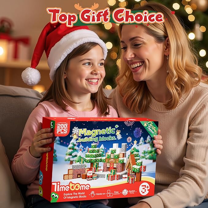 Magnetic Blocks, 200PCS Magnetic Building Block Cubes, STEM Montessori Sensory Toys for Kids Boys Girls Ages 3 4 5 6 7 8 9 10 (Christmas Version)