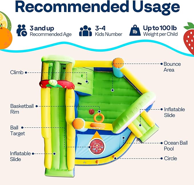 VIVOHOME 7 in 1 Bounce House for Kids, Fruit Theme Inflatable Bouncy Castle with Slide, 12x12 FT Inflated Bouncer for Outdoor with Blower, Basketball, Climb, Jump Area, Ball, Water Pool, Hoop