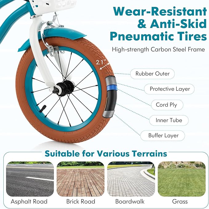 COSTWAY Kids Bike, 12 14 16 18 Inch Toddler Bike Children Bicycle w/Training Wheels, Hand & Coaster Brakes, Adjustable Saddle & Handlebar, Basket, Bell, Kids Bicycle for Girls Boys Aged 3-8 Years Old