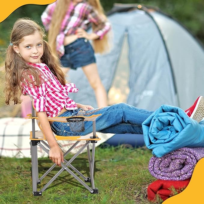 XMT Kids Folding Chair with Cup Holder - Portable Lightweight Outdoor & Indoor Chair for Children Ages 3-9, Anti-Slip Base, Sturdy Metal Frame, Compact Foldable Design with Carry Bag (Yellow/Brown)