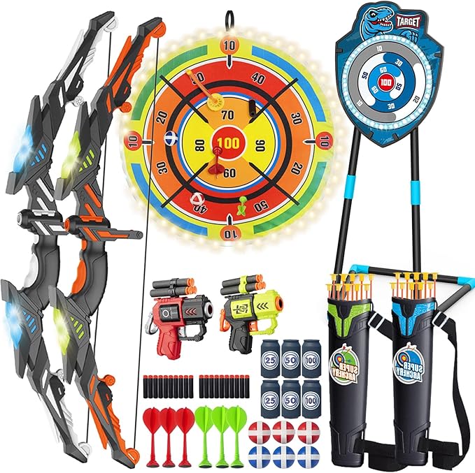 LED Standing Target Archery Set with Bow & Arrows & LED Dart Board for Kids 4-12 Years Old, Outdoor Sports Toy Gift for Boys & Girls