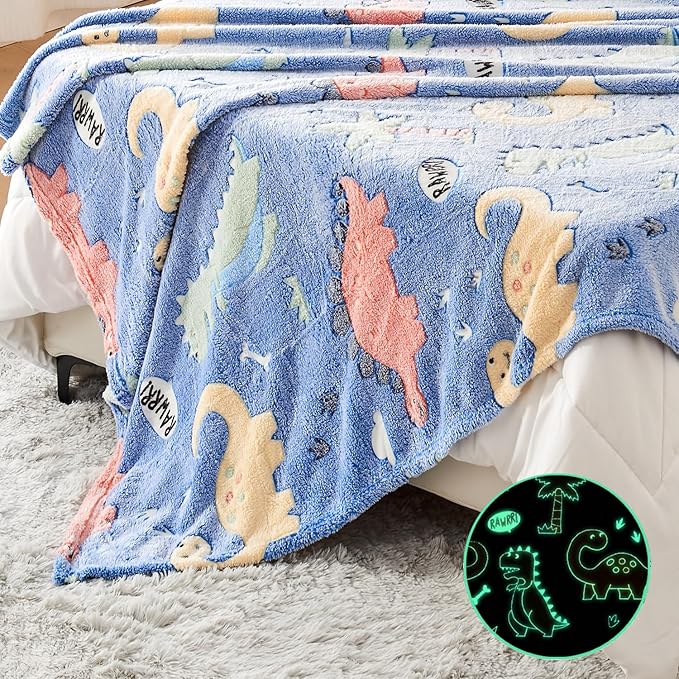 Wajade Dino Gifts Toys for Boys Girls - Glow in The Dark Dinosaur Blanket Birthday Christmas Decor for Kids Age 3 4 5 6 7 8 9 10 11 12 Years Old Teens Child Toddler Throw Colorful 60"x80"