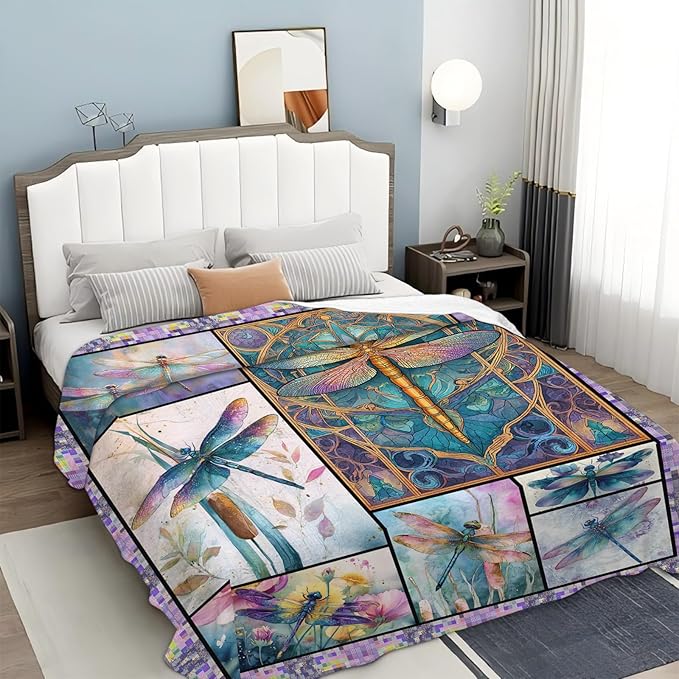 Dragonfly Throw Blanket for Women, Dragonflies Decor Fleece Blanket Gifts for Boys Girls, Warm Cozy Soft Flannel Stuff for Bed Sofa Couch 80" x 60"