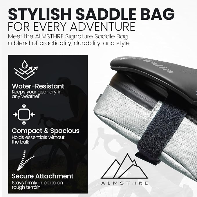 Signature Bike Saddle Bag – Sterling Silver | 0.5L Bike Seat Bag (3" x 5.25" x 2") | Water-Resistant Ripstop, Waterproof Zipper, Internal Pocket | Durable Under Seat Storage