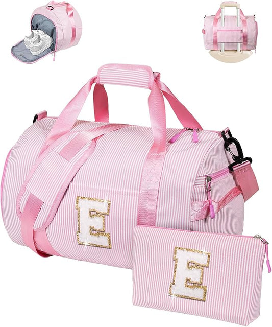 Christmas Gifts for Grandkids-Gifts for Teenager, Girls Travel Duffle Bag, Kids Initial Overnight Bags with Shoe Compartment, Weekender Bag with Makeup Pouch, Teen Girl Gift (Letter E)