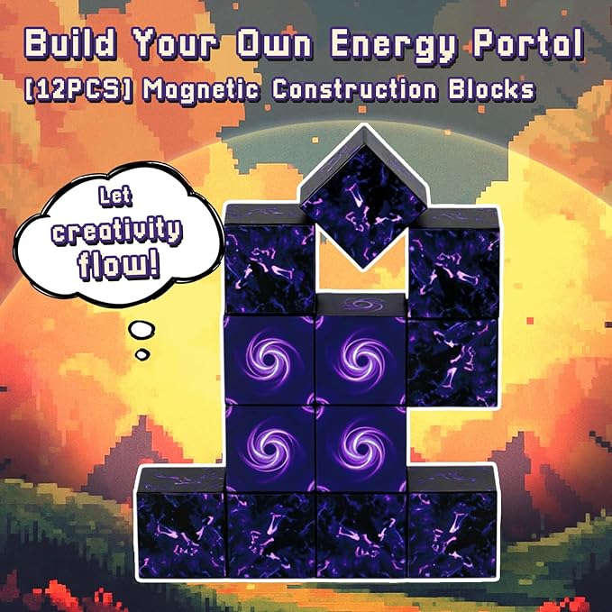 3 otters 12PCS Magnetic Building Blocks, Travel Toys for Kids STEM Magnetic Cube with Storage Box for Boys Girls Birthday Party (Portal)