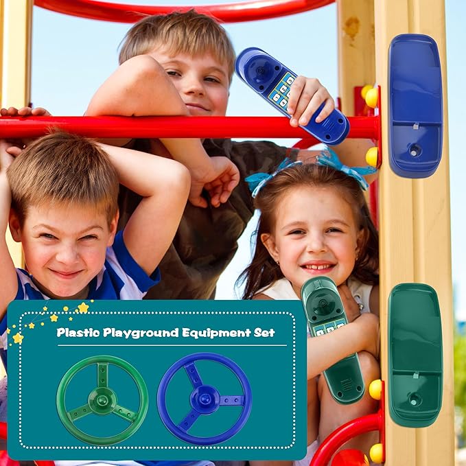4 Pack Playground Accessories for Kids Outdoor Playground Steering Wheel Priate Ship Wheel Plastic Telephone Phone Toy Swing Set for Playground Backyard Playhouse Tree House (Green,Blue)