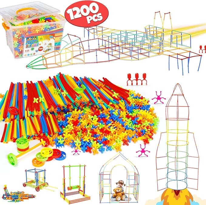 Ggiibro Straw Constructor Toys 1200Pcs STEM Building Toys Aged for 3 4 5 6 7 8+ Interlocking Plastic Toys Preschool Engineering Thin Tube Blocks Toy Educational Toy Kit for Classroom Kids Toys Set