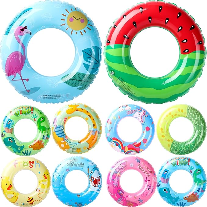 10 Pcs Inflatable Pool Floats Tubes for Kids 31.5 Inches Swim Ring Floaties Pool Tube Dinosaur Sea Animal Fruit Mermaid Unicorn Swim Rings for Kids Adults Summer Swimming Lake Beach Party