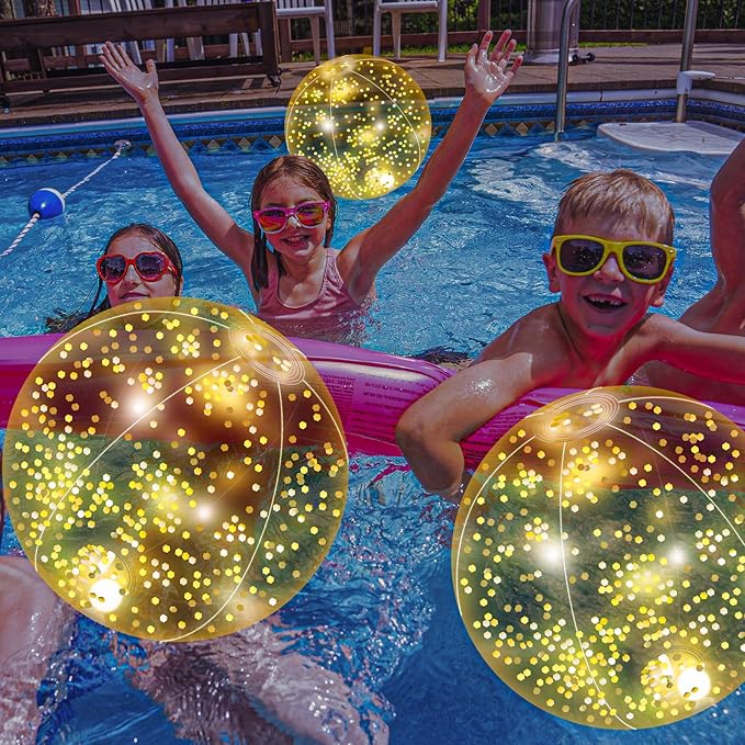 12 Pack 12 Inch Glow in The Dark LED Beach Ball Jumbo Confetti Glitters Inflatable Ball Swimming Pool for Party Pool Summer(Gold)