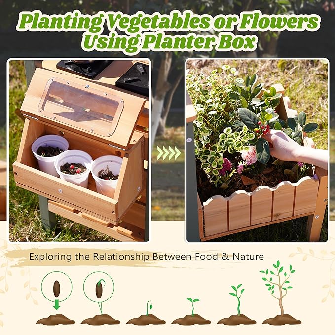 ROBOTIME Mud Kitchen for Kids Outdoor, Wood Outdoor Kitchen with Insect Observation Box & Planter Box, Toddler Play Kitchen with Removable Sink & Faucet, Pretend Outdoor Playset for Garden Fun