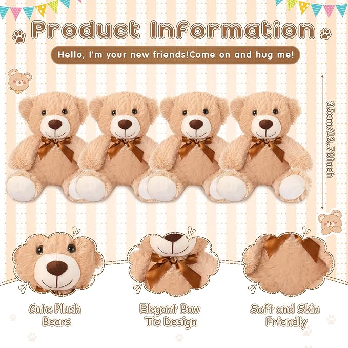Civaner 4 Pack 14 Inches Bear Plush Stuffed Animals Operation Christmas Cute Soft Bears Gifts Bulk for Girls Boys Girlfriend(Light Brown)