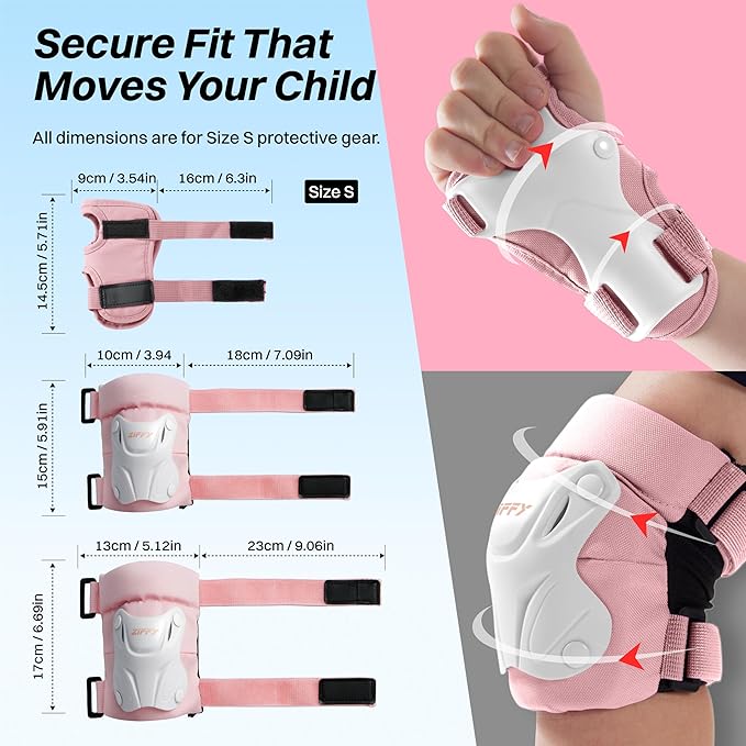 ZIFFY Knee Pads for Kids, Adjustable Knee and Elbow Pads Set with Wrist Guard, Protective Gear for Boys Girls Skateboard Roller Skating Cycling Bike – 2 Sizes, 4 Colors by Jova