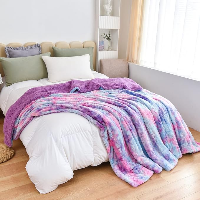 NEWCOSPLAY Super Soft Faux Fur Blanket Queen Size Multi Purple Sherpa Fuzzy Plush Warm Blanket for Sofa Bed (Multi Purple, Queen(90"x90"))