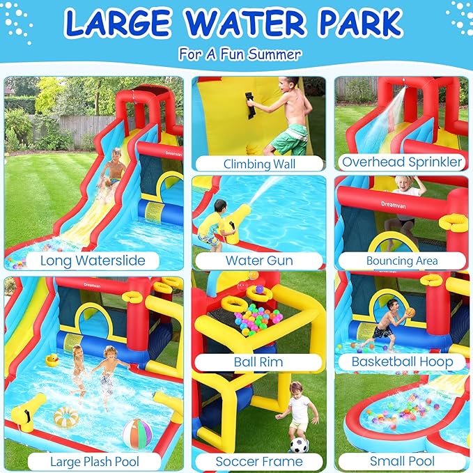 Inflatable Water Slide for Kids, 10-in-1 Water Bounce House Backyard Waterpark with Long Water Slide & Large Splash Pool Wet Dry Combo for Kids Outdoor Party Gifts, Includes 620w Blower