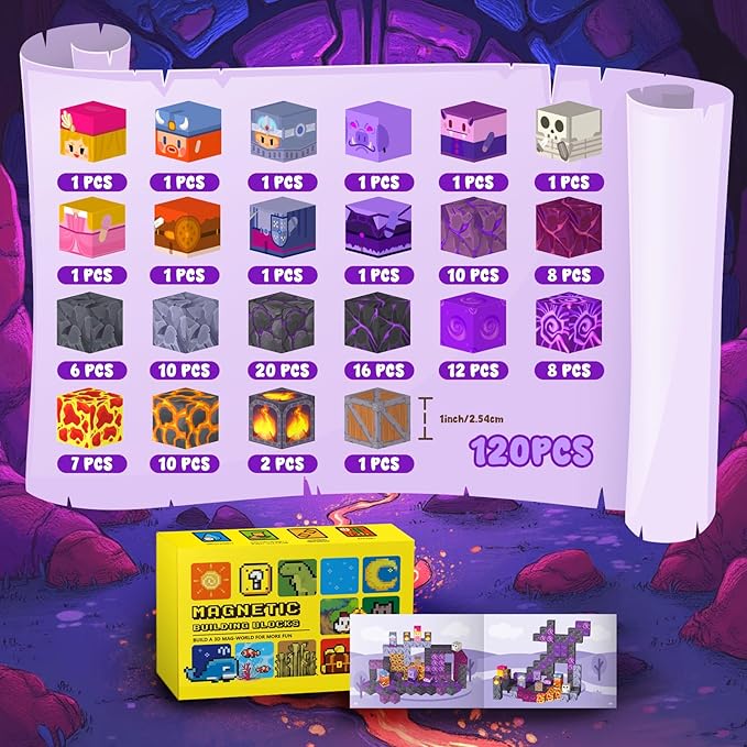 Magnetic Blocks—120PCS Magnet Toys for Kids, Magnetic Building Blocks Cubes, Montessori Sensory Stacking Magnets School STEM Toys Birthday Gifts for Boys&Girls Age 3+ Years Old (Volcanic)