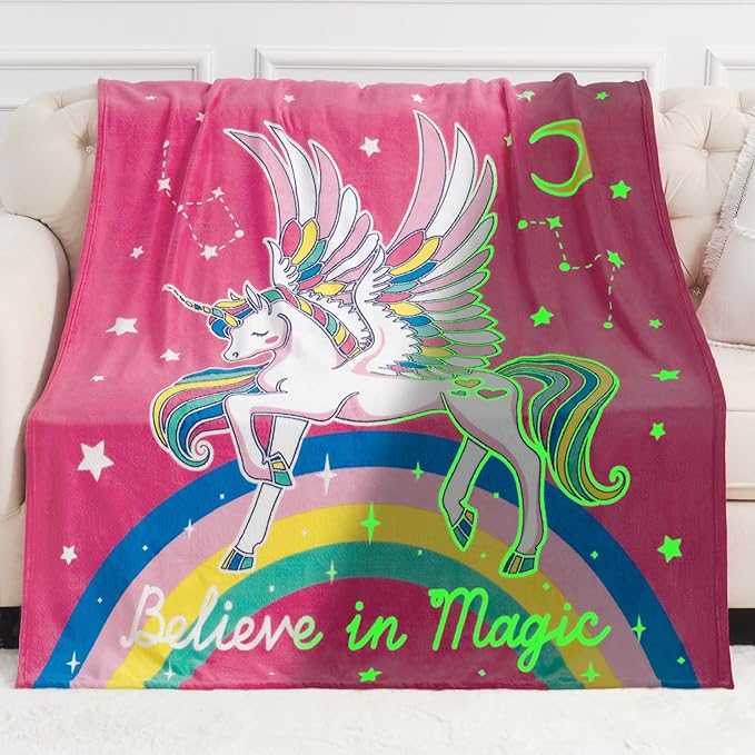 Unicorn Gifts Toys for Kids Girls - Glow in The Dark Blanket Age 1-13 Years Old Birthday Christmas Valentine's Gift Easter Presents Toddler Teen Daughter Grandkids Rainbow Moon Stars Throw 50"x60"