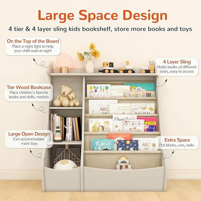 FKWin Montessori Bookshelf and Toy Storage Organizer - 5-Tier Kids Book Shelf for Kids Rooms,Deer Head Montessori Shelf,Grey
