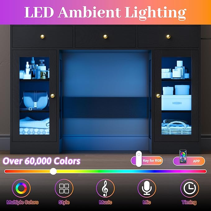 Makeup Vanity with Mirror and Lights, 43'' Wide Dressing Table with Storage Drawers, Open Shelves & Power Outlet, Vanity Desk with RGB Cabinet & Glass Top for Girls Bedroom, Living Room, Black