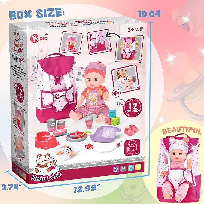 SMILESSKIDDO Baby Doll with Backpack Carrier, 14'' Realistic Dolls with Accessories, Includes Feeding Playset, Baby Care Set, Toddler Pretend Play Babydoll Toys for 1 2 3+ Year Old Kids Girls
