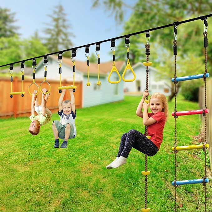 2X65FT Ninja Warrior Obstacle Course for Kids - Ninja Slackline with 14 Obstacles - Ninja Course for Kids with Swing, Ladder,Monkey Bar,Arm Trainer, Climbing Rope