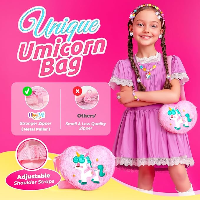 ULOVEME Kids Real Makeup Kit for Little Girls - Real, Non Toxic, Washable Make Up Toy - Umicorn Toys Gift for 3 4 5 6 7 8 9 10 12 Years Old Girls Birthday (Heart Shaped Purse+Jewelry Set)