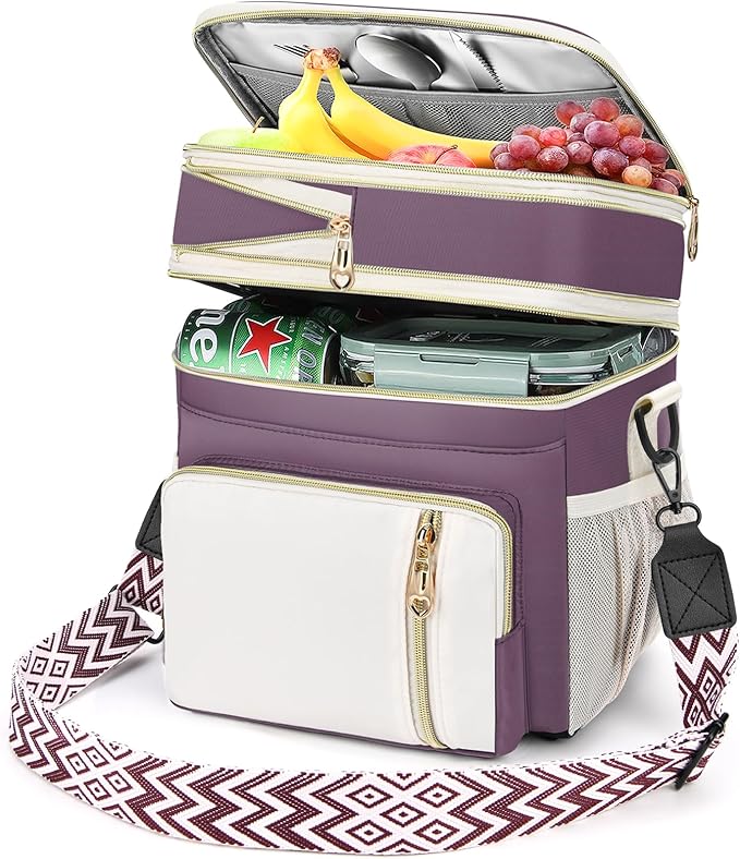 LOKASS Lunch Box & Lunch Bag for Women Men Double Deck, Large Insulated Adult Lunch Box Leakproof Lunchbox Cooler Bag for Work Picnic Beach,（Dark Pink 16L）