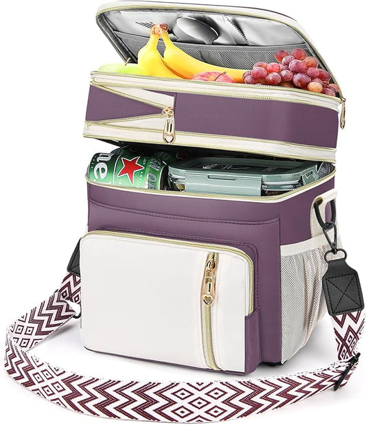 LOKASS Lunch Box & Lunch Bag for Women Men Double Deck, Large Insulated Adult Lunch Box Leakproof Lunchbox Cooler Bag for Work Picnic Beach,（Dark Pink 16L）